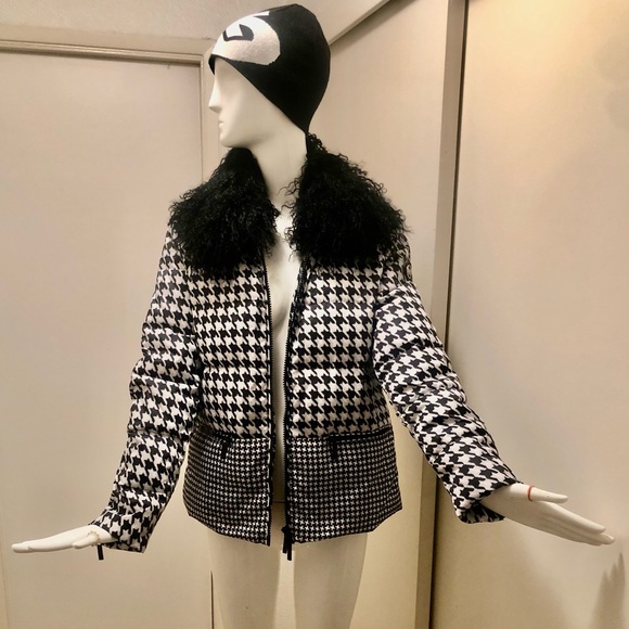 MICHAEL Michael Kors Black White Houndstooth Down Puffer Mongolian fur Jacket - Picture 1 of 17